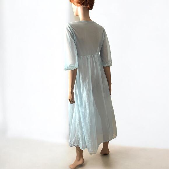Vintage Blue Chiffon Tulle Lace Robe Double Layer Lingerie - Picture 3 of 9